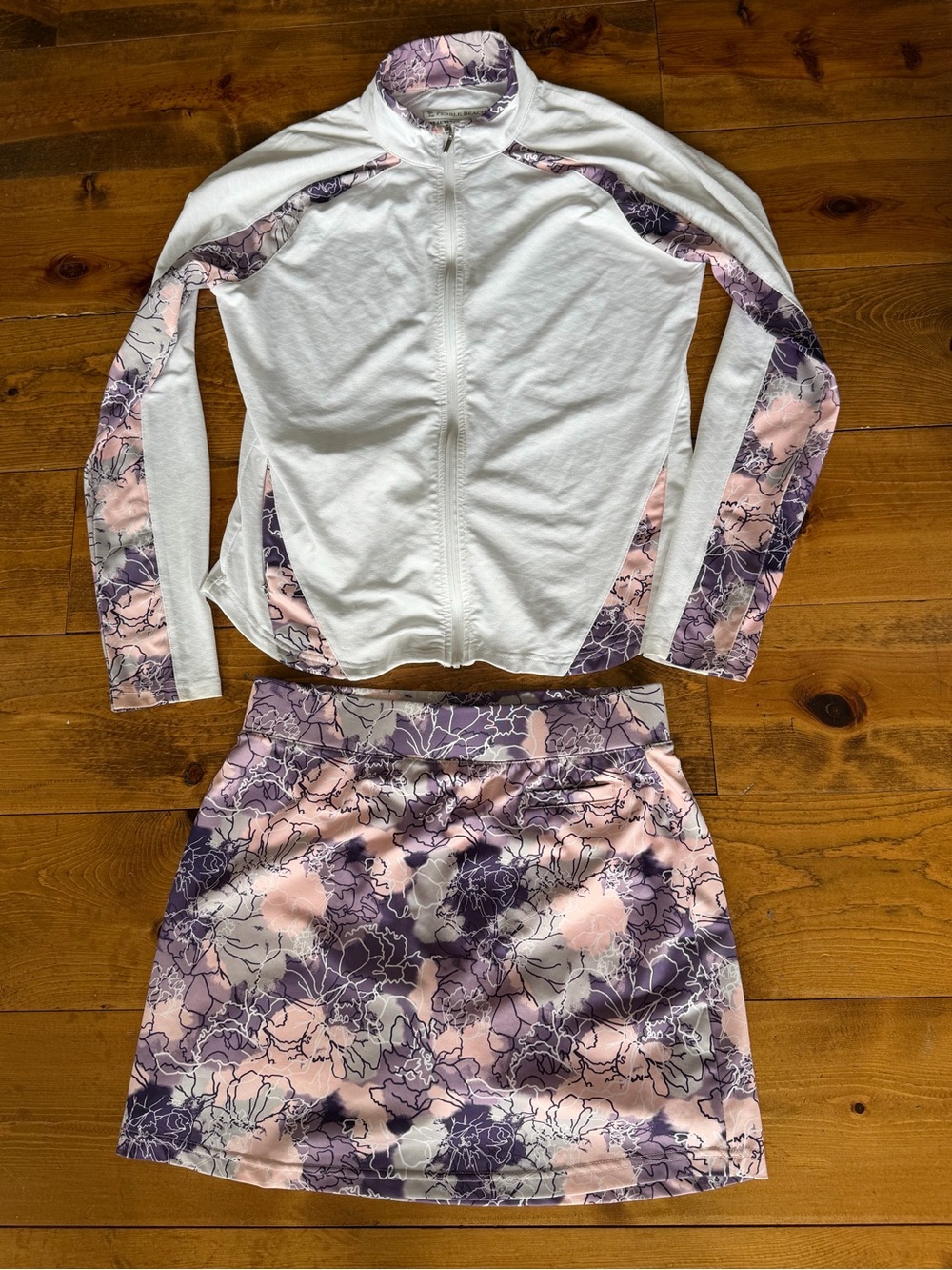 Women's Pebble Beach Print Active Skort and Full Zip Jacket Set - Pink & Purple